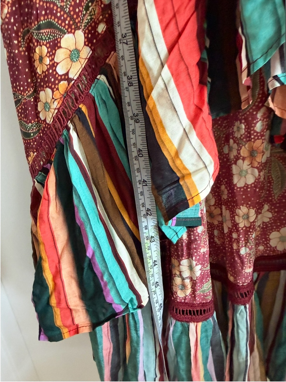 FARM Rio Burgundy Floral Maxi Wrap Dress with Multicolor Striped Trim - Picture 15 of 16